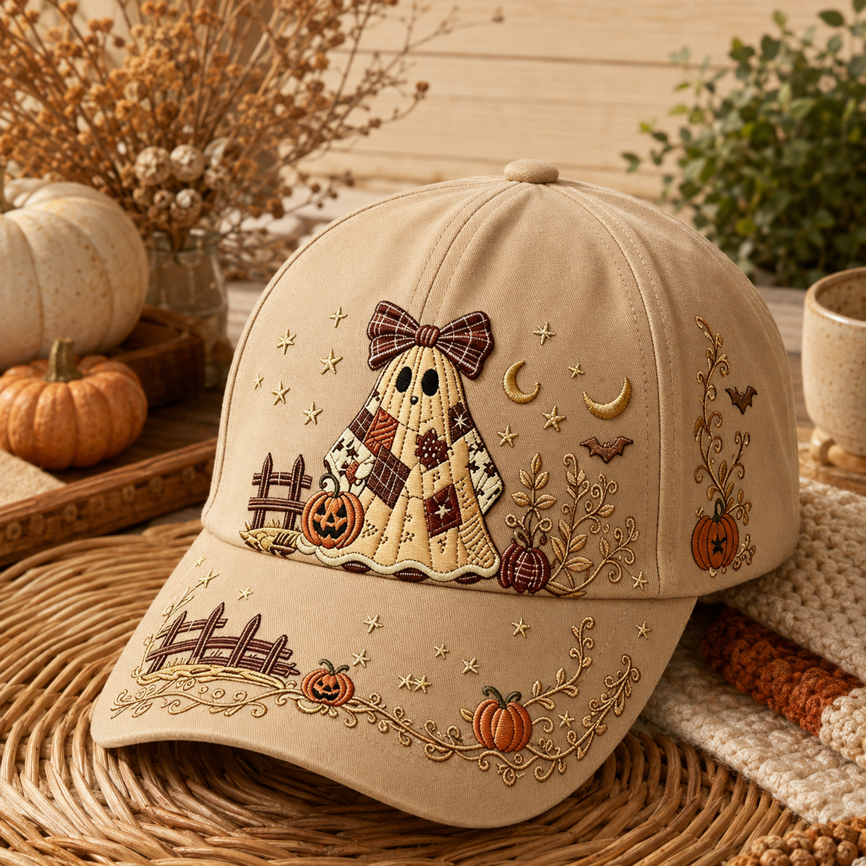 🎃 Vintage Ghost Embroidered Halloween Baseball Cap – Cozy Fall Pumpkin & Moon Design 👻🍂