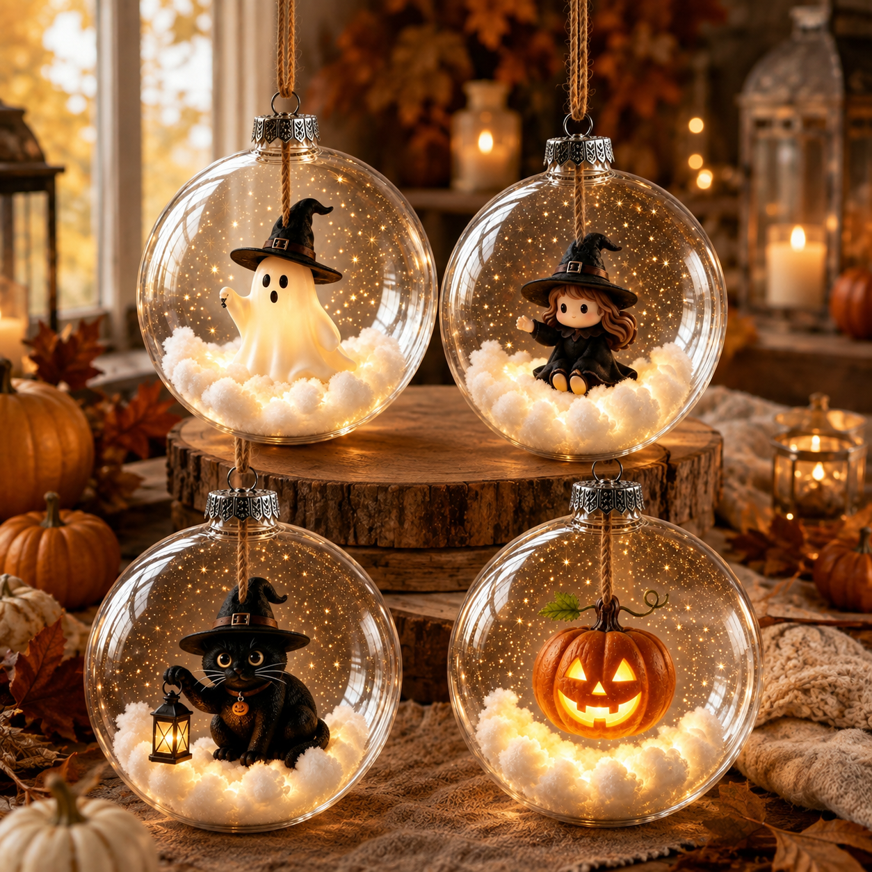 Quatre ornements lumineux d’Halloween dans des boules transparentes