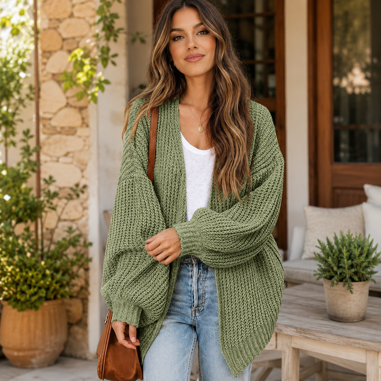 ✨ Cozy-Chic Chunky Knit Open-Front Cardigan – Relaxed Balloon-Sleeve Layer for Everyday Comfort