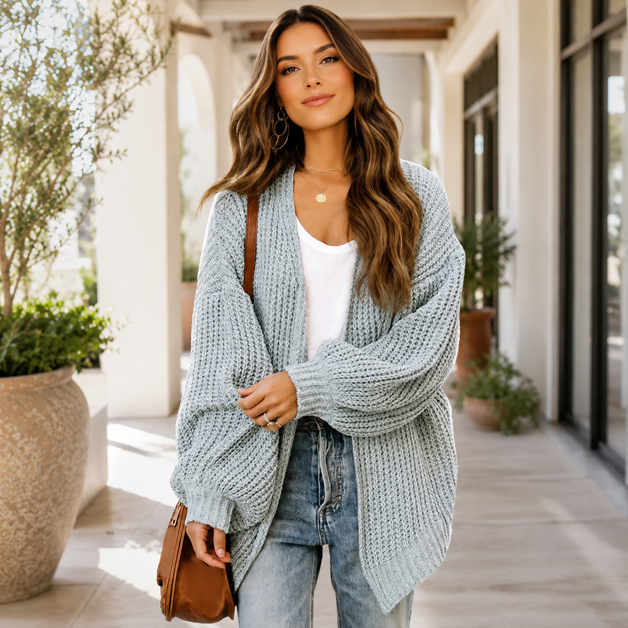 ✨ Cozy-Chic Chunky Knit Open-Front Cardigan – Relaxed Balloon-Sleeve Layer for Everyday Comfort