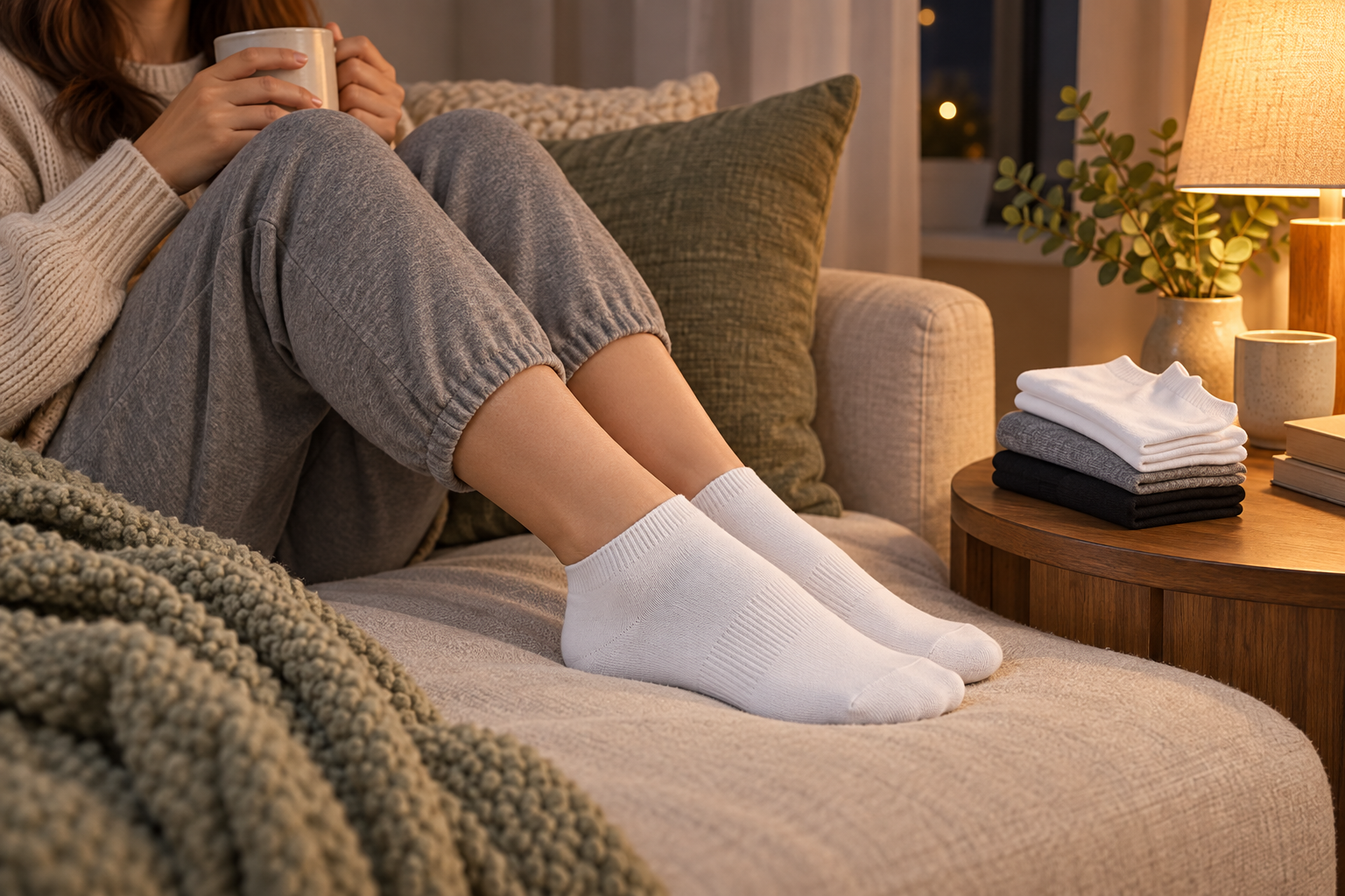Daily fresh comfort socks worn during a relaxing evening at home