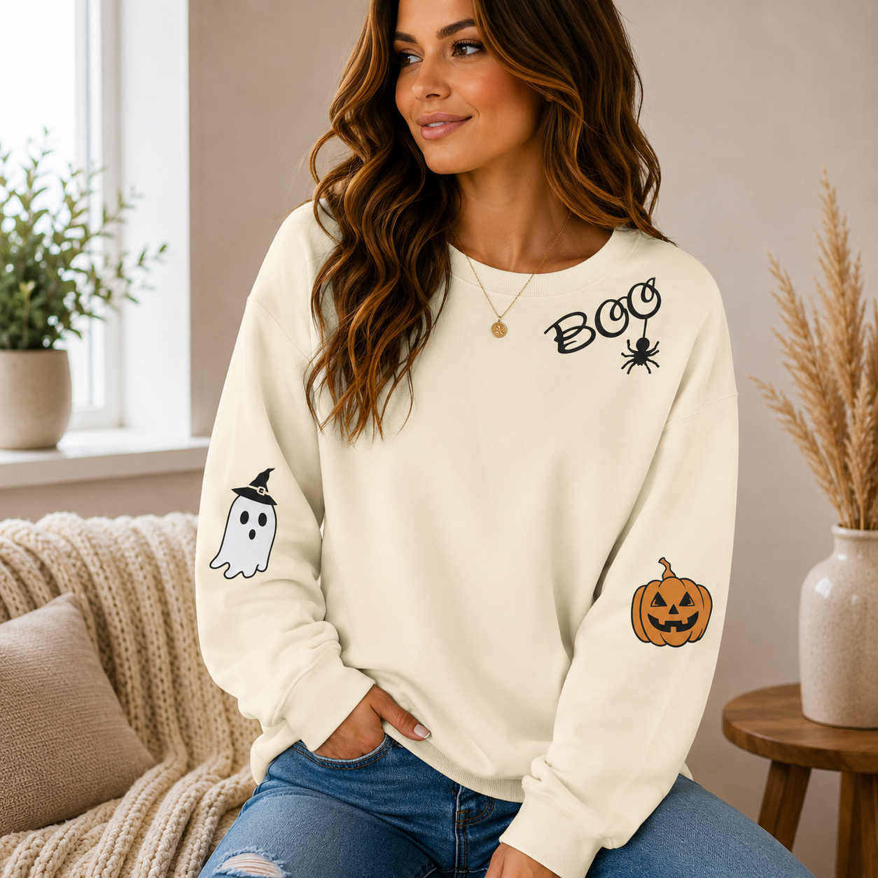 👻 Women’s Cute Ghost Halloween Sweatshirt – Cozy Long Sleeve Pullover, Spooky Fall Casual Top