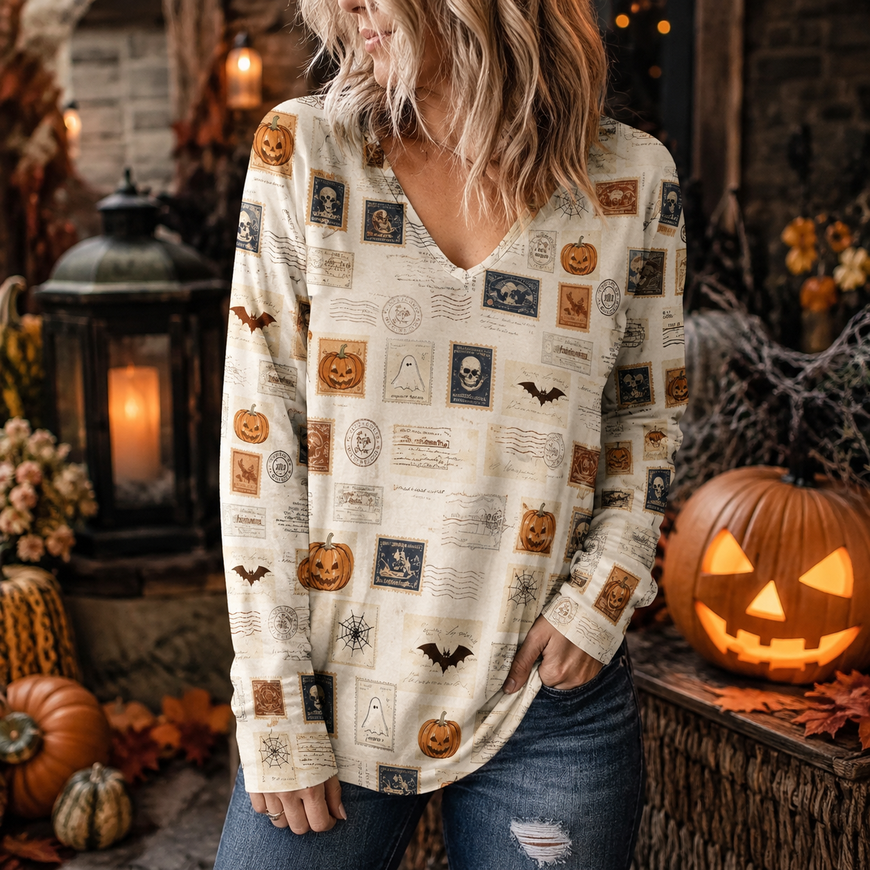 🎃 Spooky Sweet Halloween V-Neck Top – Festive Long Sleeve Style for Fall 👻🍬
