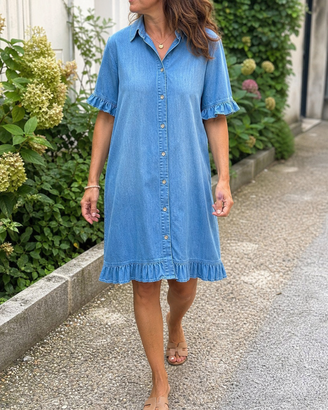 Customer wearing the denim shirt dress outdoors on a sunny walk