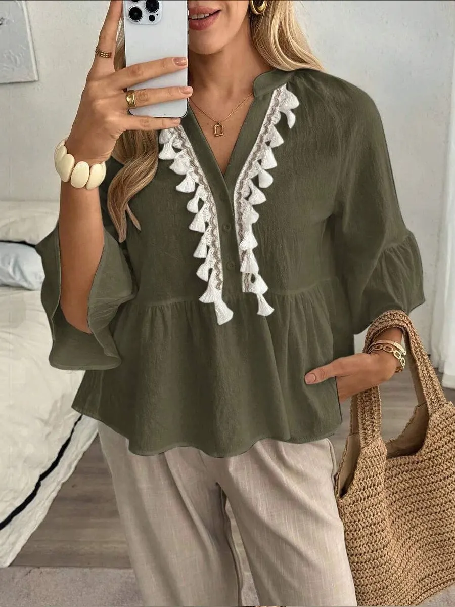 🌺🌺🌺Women's V-neck Button Tassel Tie Top