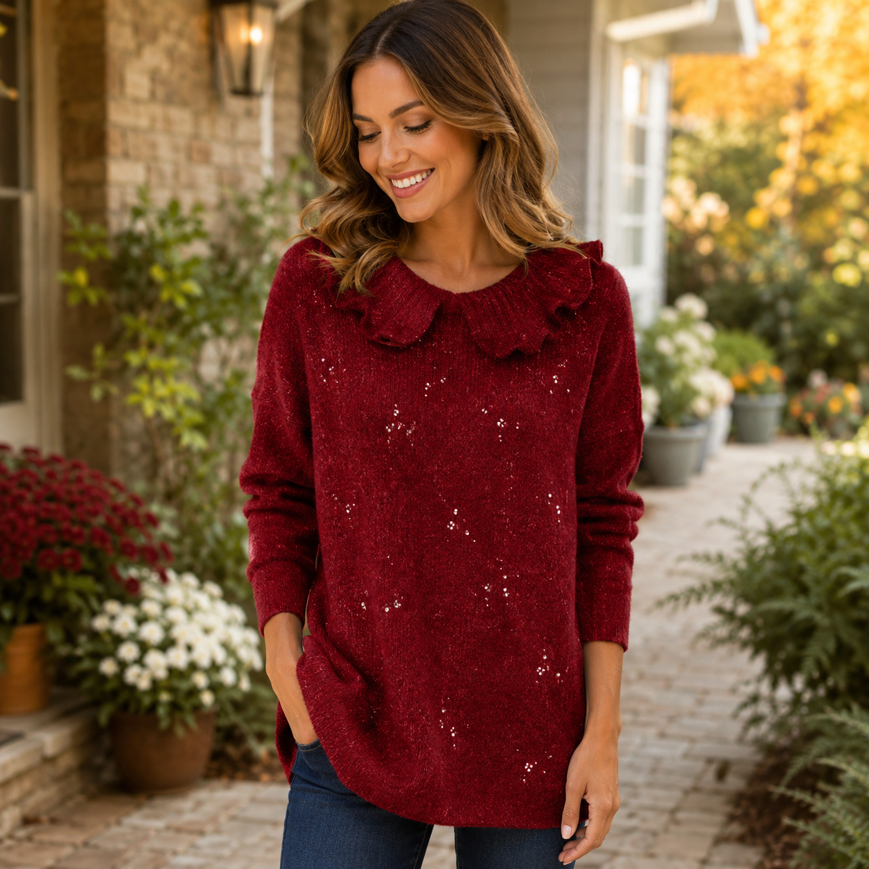 Cozy Elegance Ruffle Collar Sweater for Women – Soft Knit Pearl-Detail Long Sleeve Top
