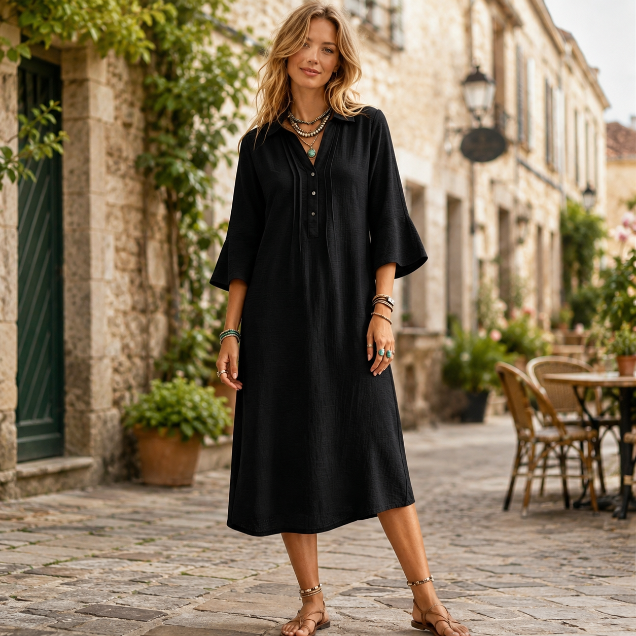 🌿 Luftig, bequem & stilvoll – Locker fallendes Hemdblusenkleid mit Taschen, Dreiviertelärmeln und femininer A-Linie ✨