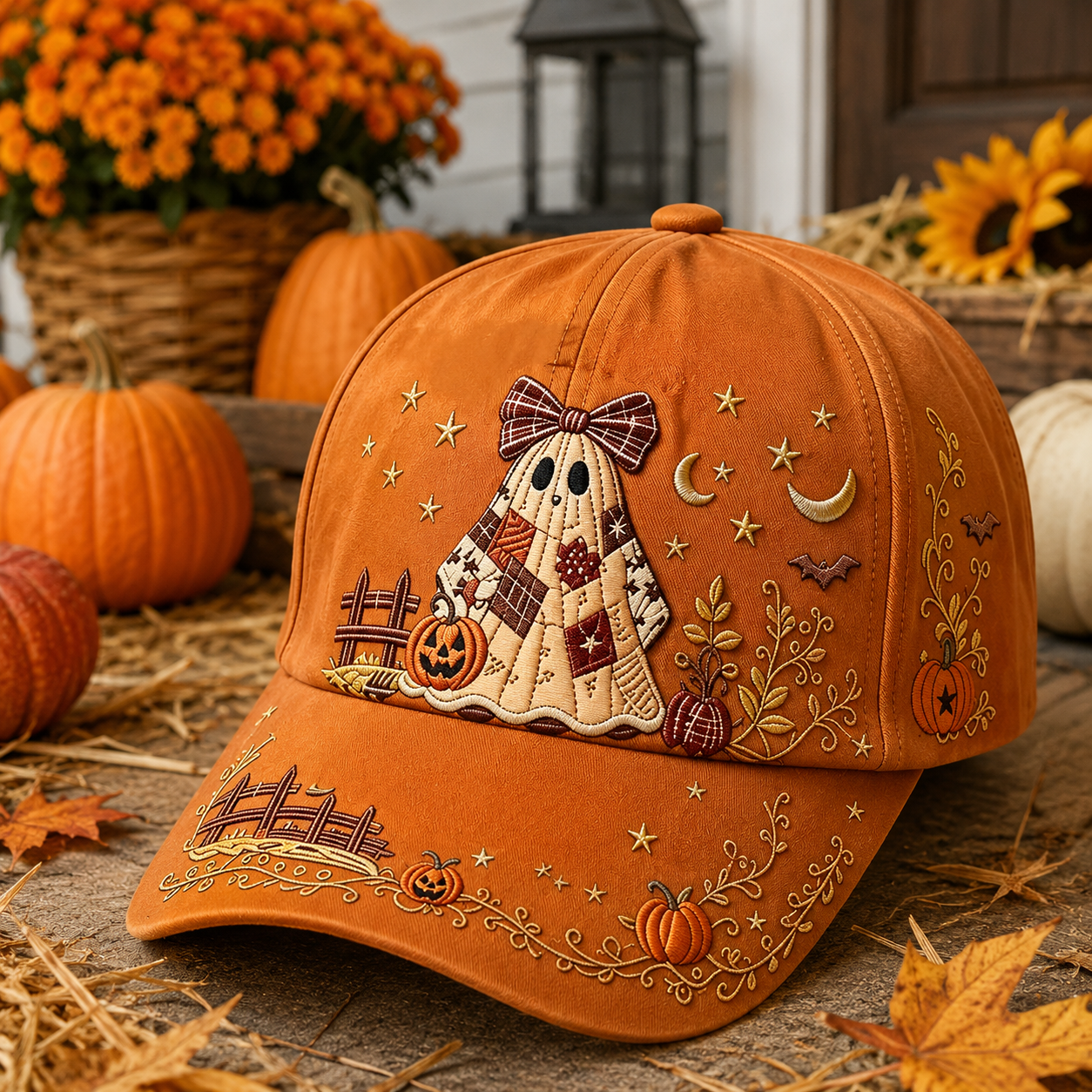 🎃 Vintage Ghost Embroidered Halloween Baseball Cap – Cozy Fall Pumpkin & Moon Design 👻🍂