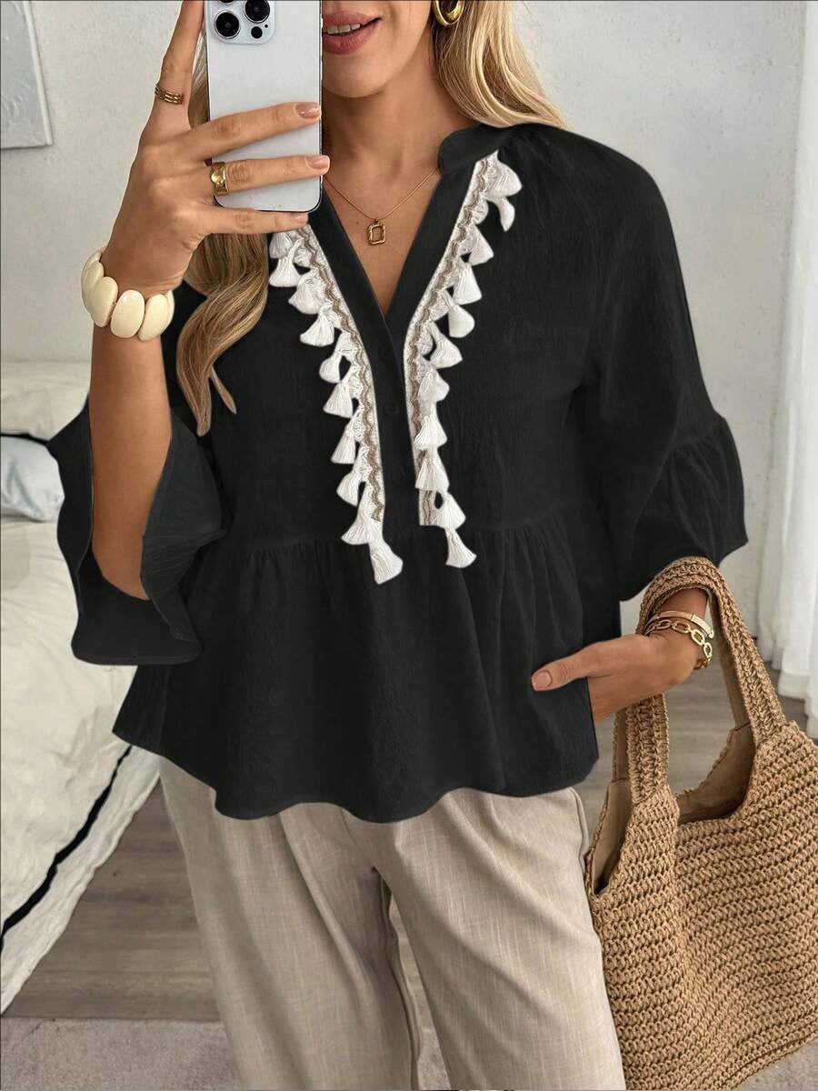 🌺🌺🌺Women's V-neck Button Tassel Tie Top