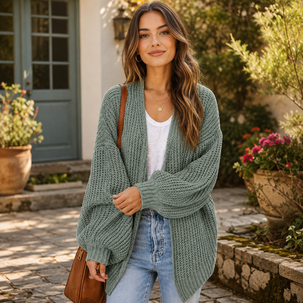 ✨ Cozy-Chic Chunky Knit Open-Front Cardigan – Relaxed Balloon-Sleeve Layer for Everyday Comfort