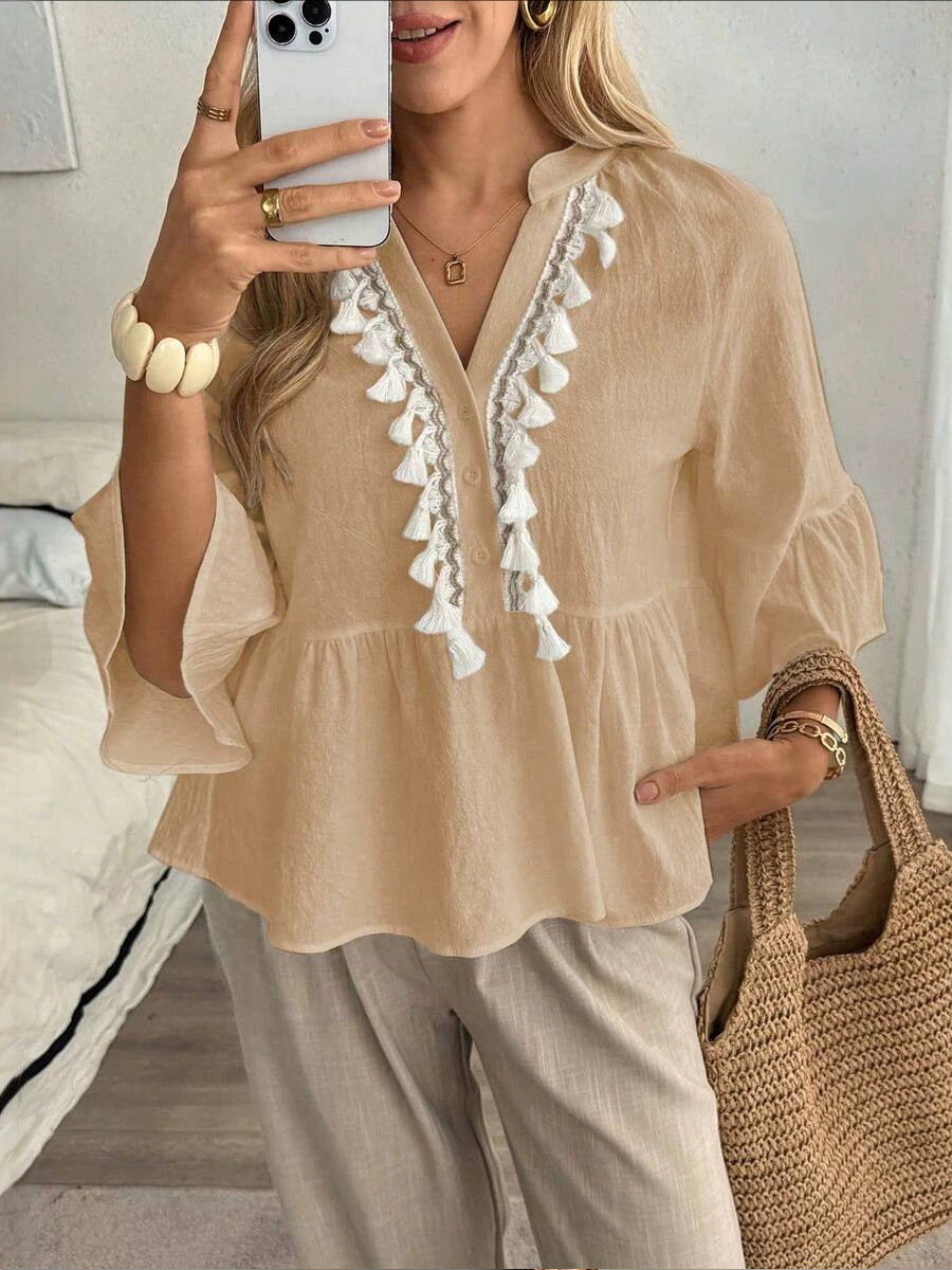 🌺🌺🌺Women's V-neck Button Tassel Tie Top