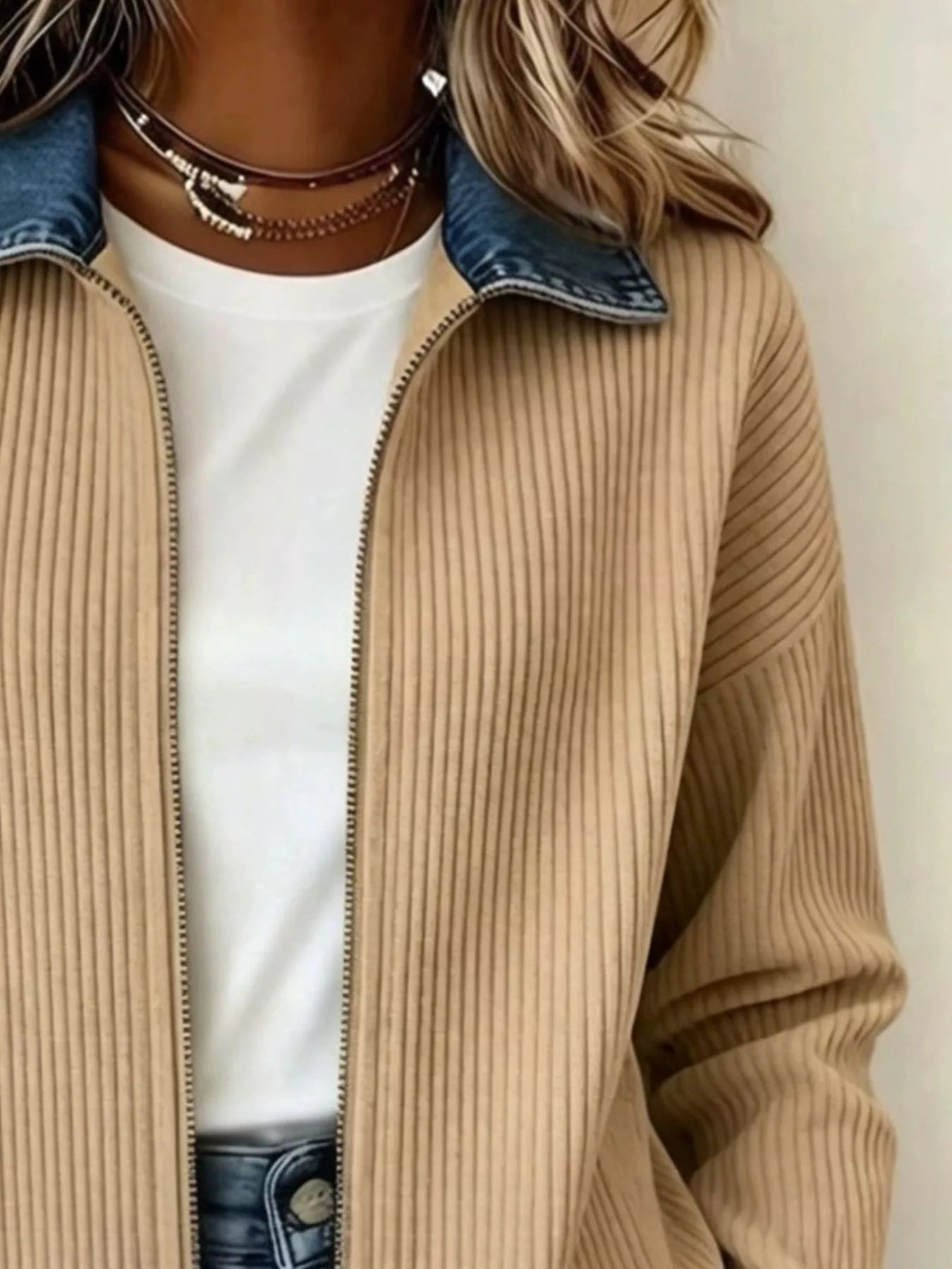 🎁New Arrivals 🔥Contrast Denim Collar Ribbed Knit Jacket