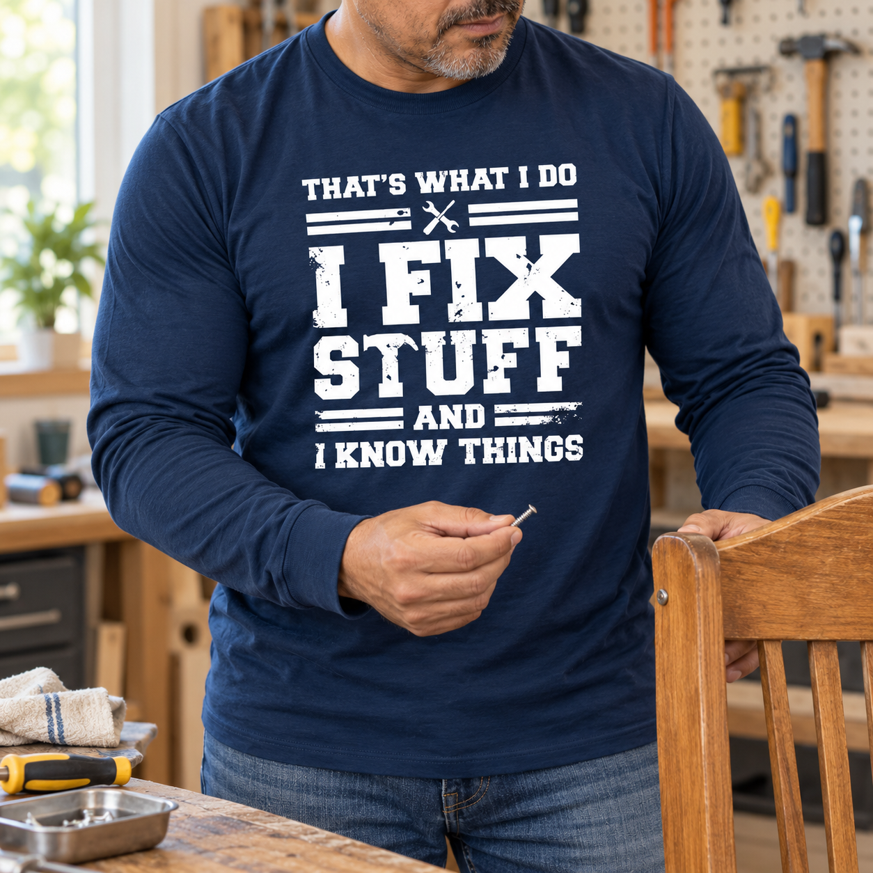 🔥Men’s “I Fix Stuff and I Know Things” Long-Sleeve Graphic T-Shirt
