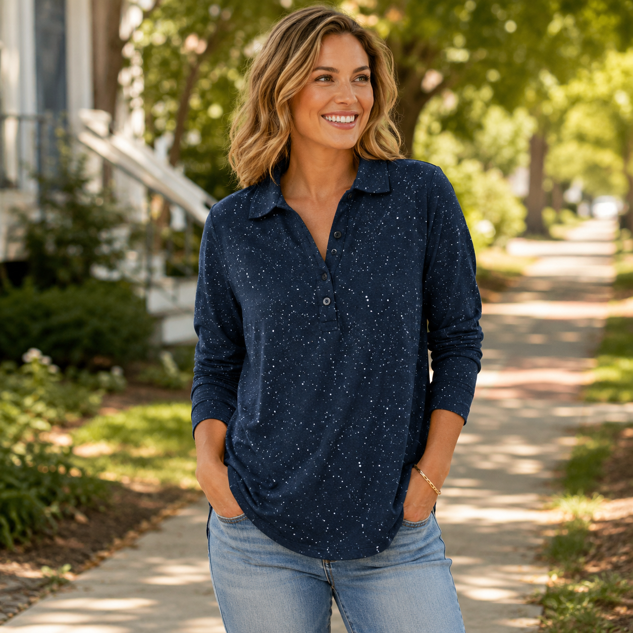 **Women’s Starry Print Collared Long Sleeve Casual Top – Relaxed Fit Everyday Shirt**