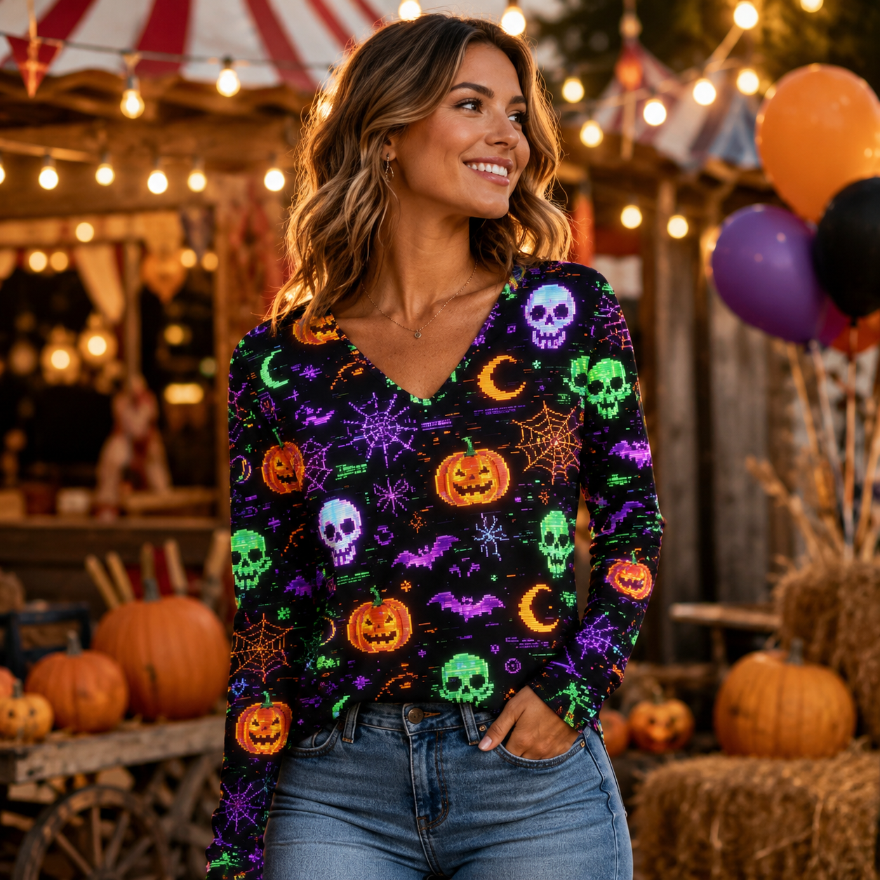 🎃 Spooky Sweet Halloween V-Neck Top – Festive Long Sleeve Style for Fall 👻🍬