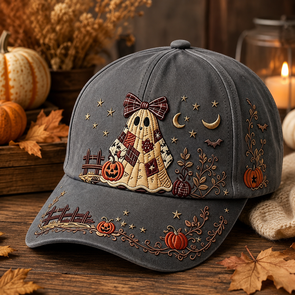 🎃 Vintage Ghost Embroidered Halloween Baseball Cap – Cozy Fall Pumpkin & Moon Design 👻🍂