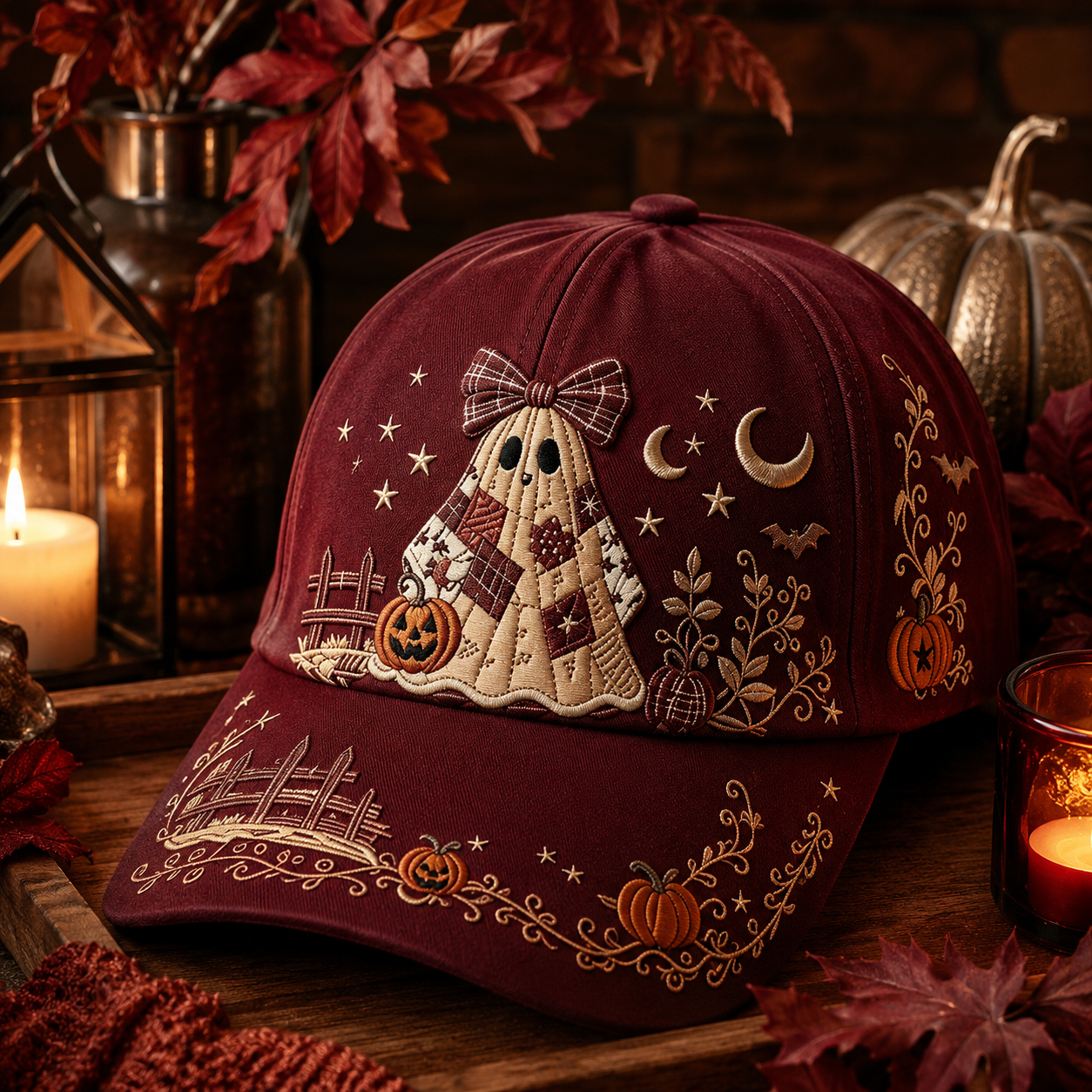 🎃 Vintage Ghost Embroidered Halloween Baseball Cap – Cozy Fall Pumpkin & Moon Design 👻🍂