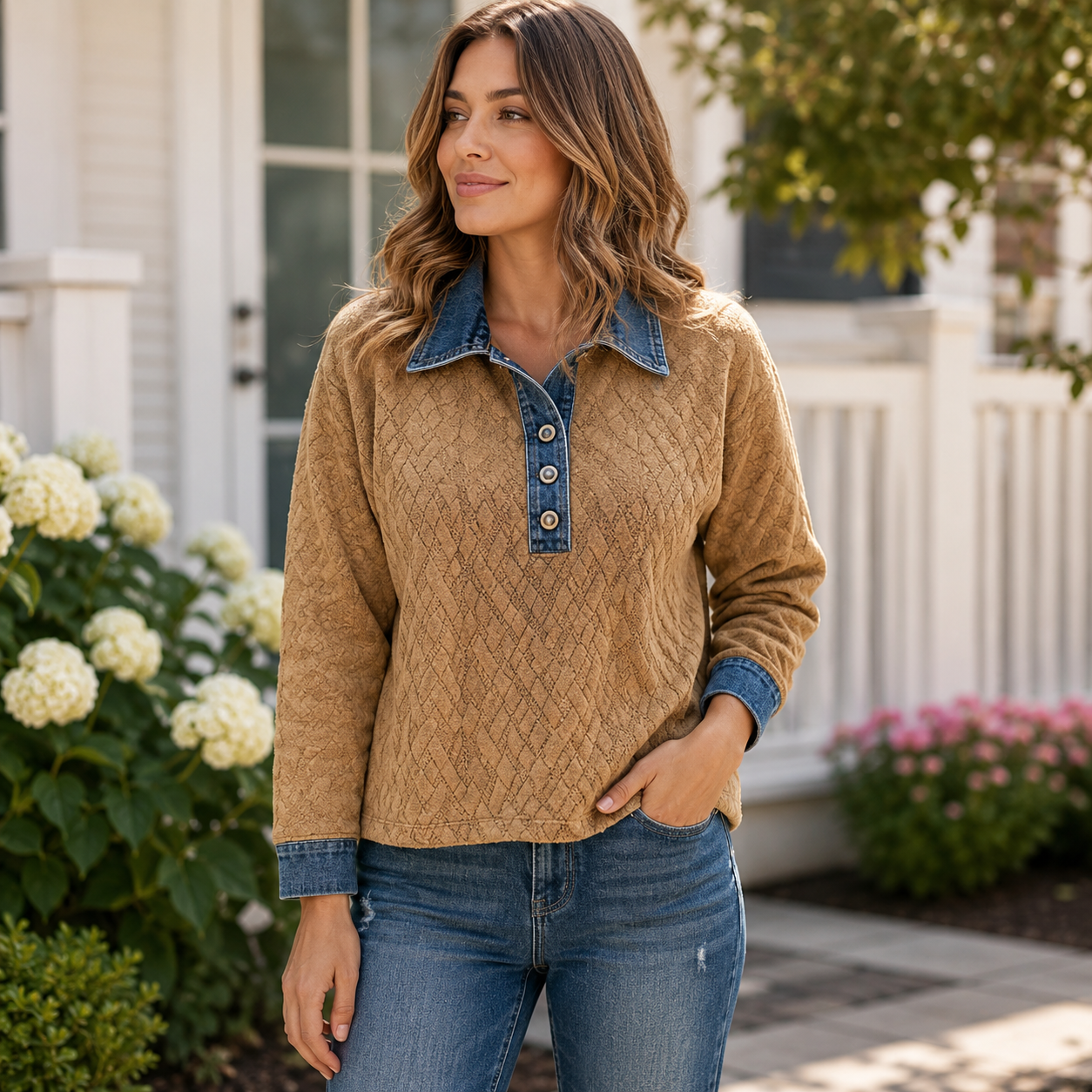 Women’s Casual Denim-Trim Pullover 💙 Soft Textured Long Sleeve Top for Everyday Comfort