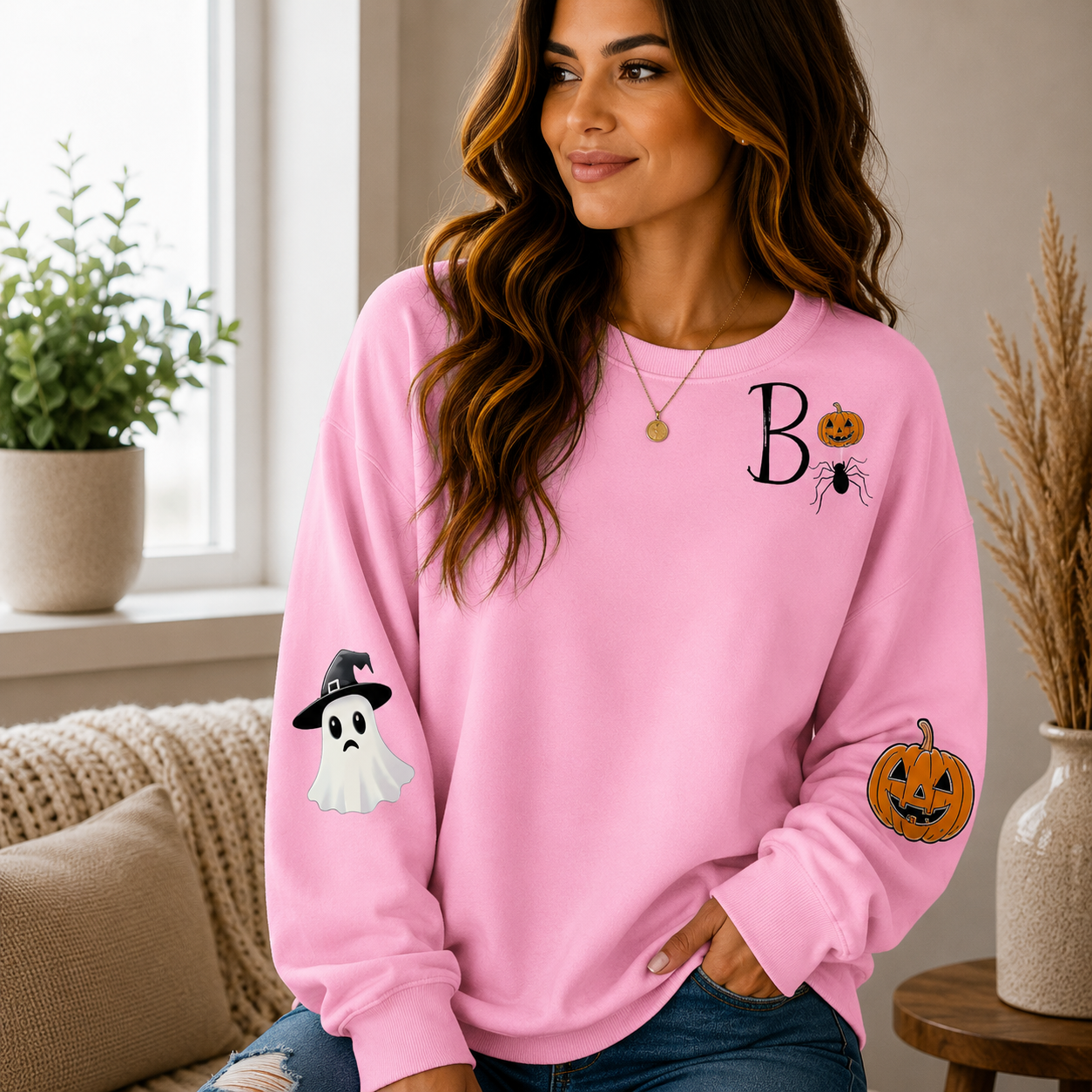👻 Women’s Cute Ghost Halloween Sweatshirt – Cozy Long Sleeve Pullover, Spooky Fall Casual Top