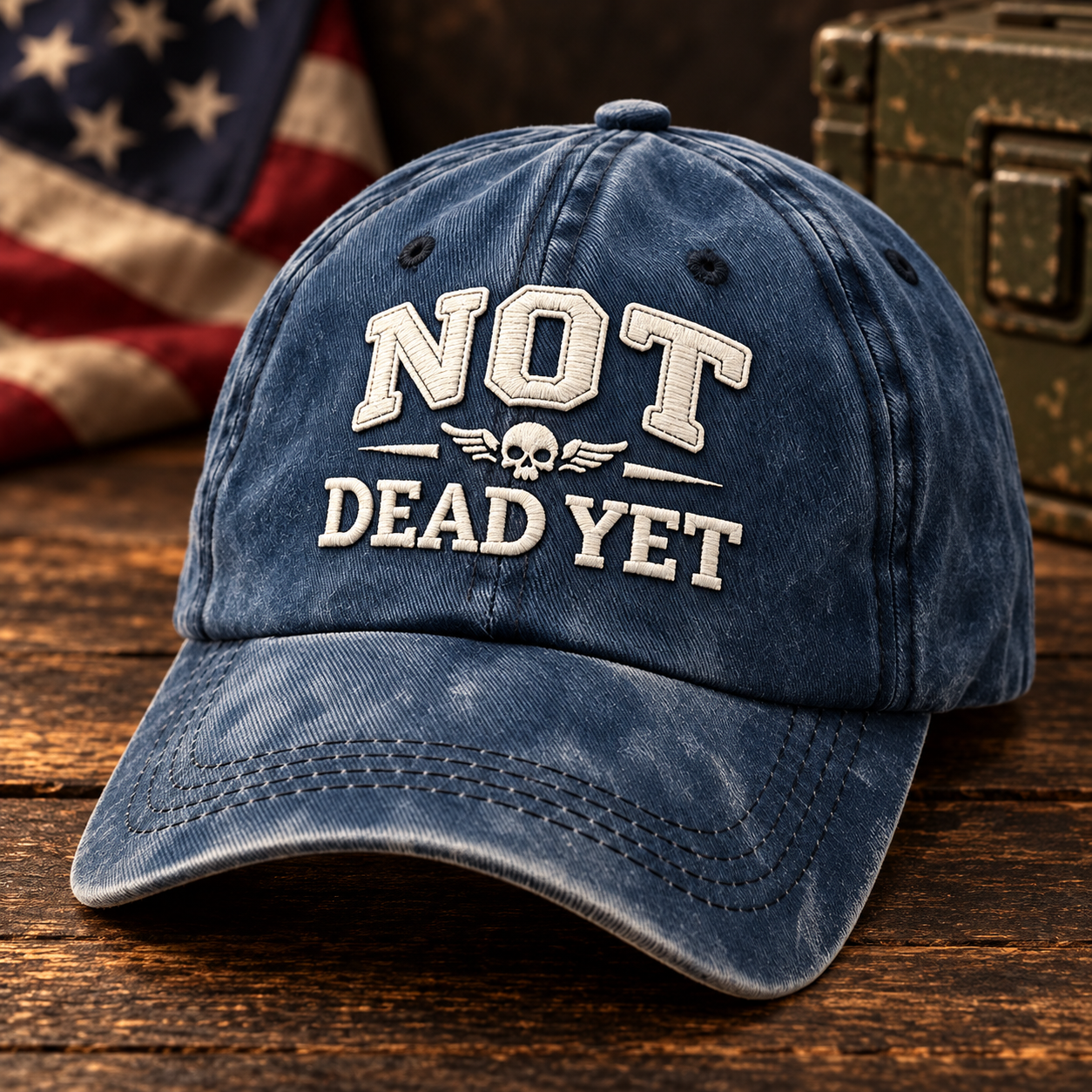 🧢Not Dead Yet Veteran Pride Dad Hat – Vintage Embroidered Cap