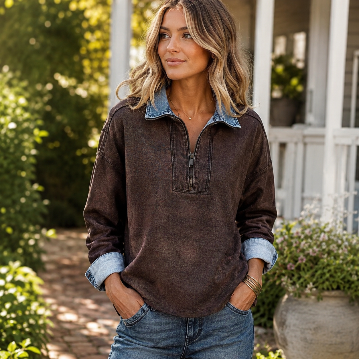 Women’s Casual Denim-Trim Pullover 💙 Soft Textured Long Sleeve Top for Everyday Comfort