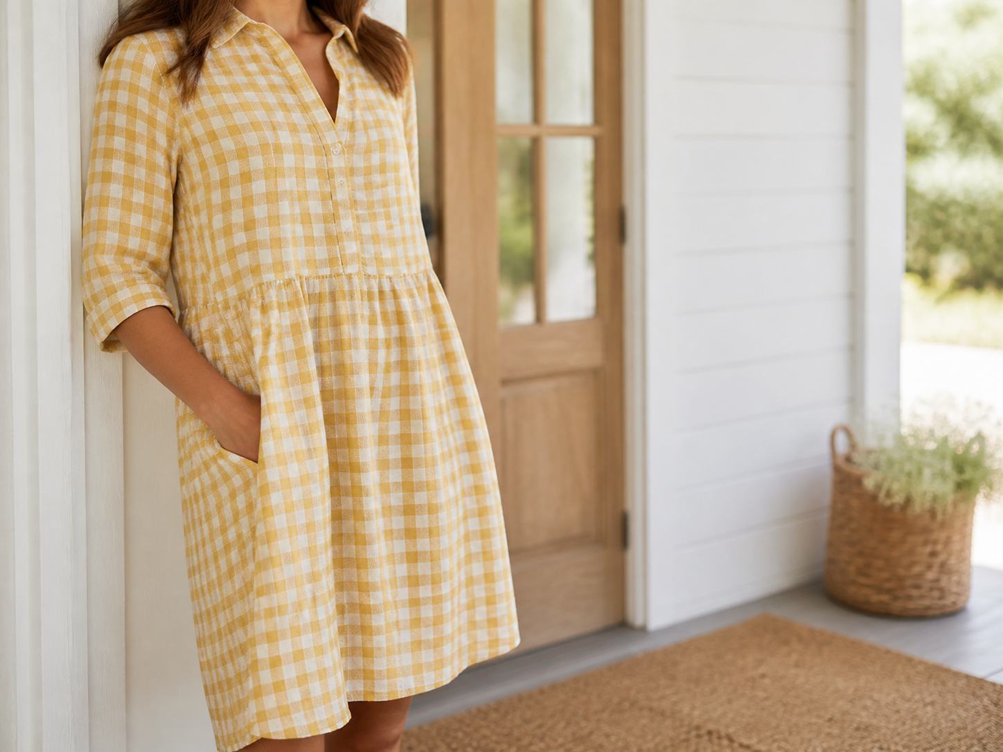 Gingham dress fabric and pocket detail