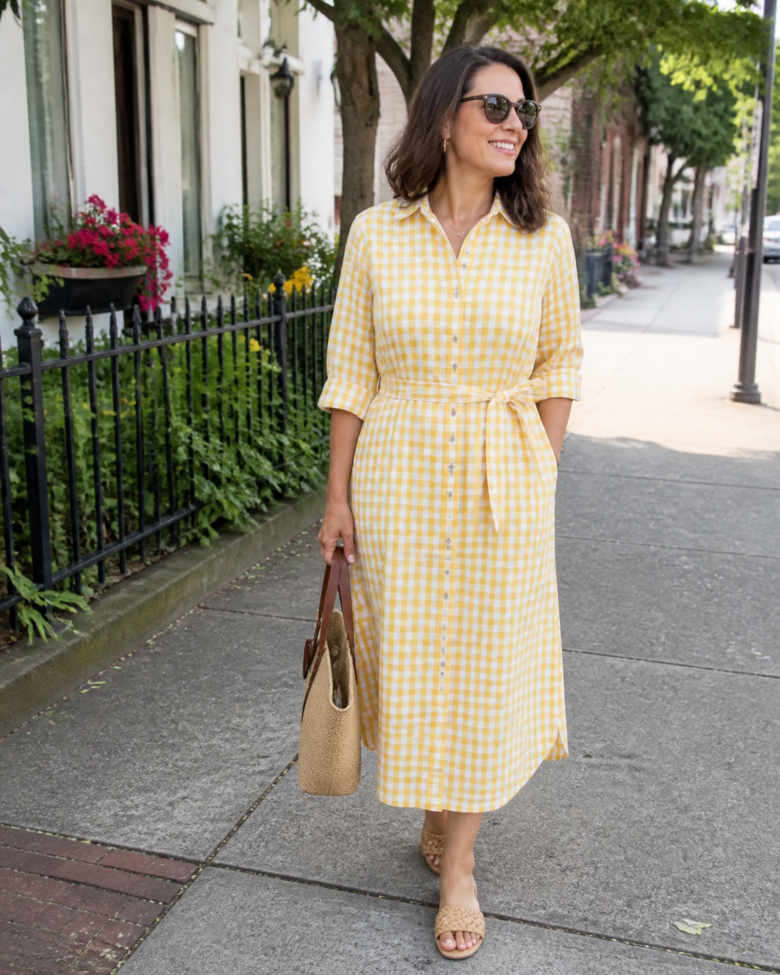 Yellow gingham shirt dress street style preview