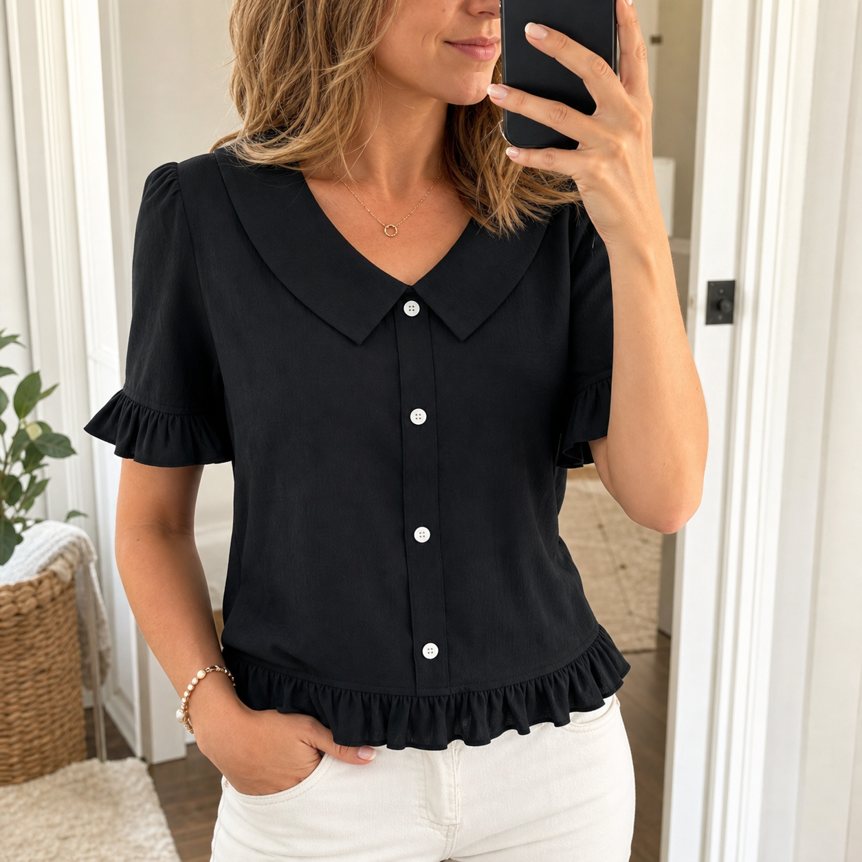 Customer review photo in a black Peter Pan collar ruffle blouse
