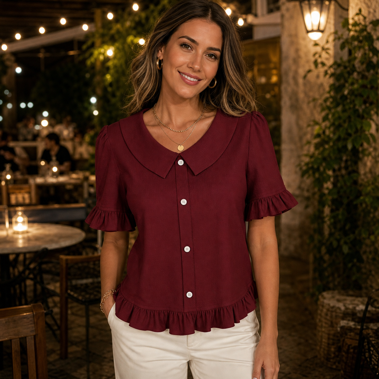 Customer review photo in a burgundy Peter Pan collar ruffle blouse