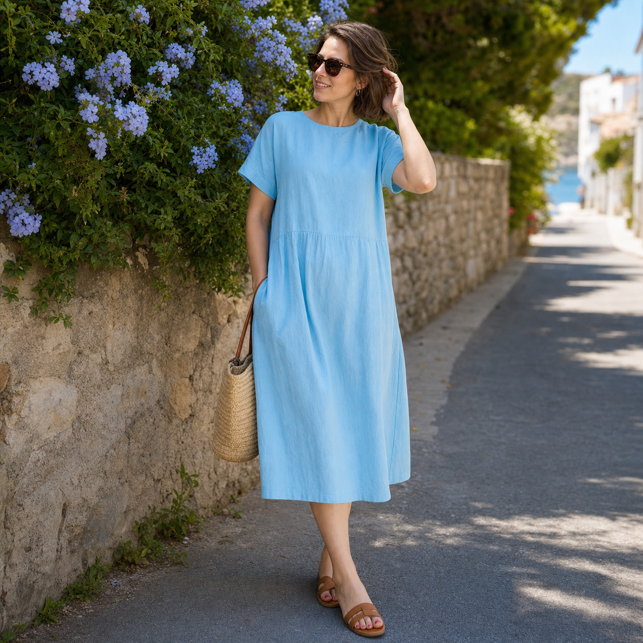Customer review photo in a light blue linen-look summer dress