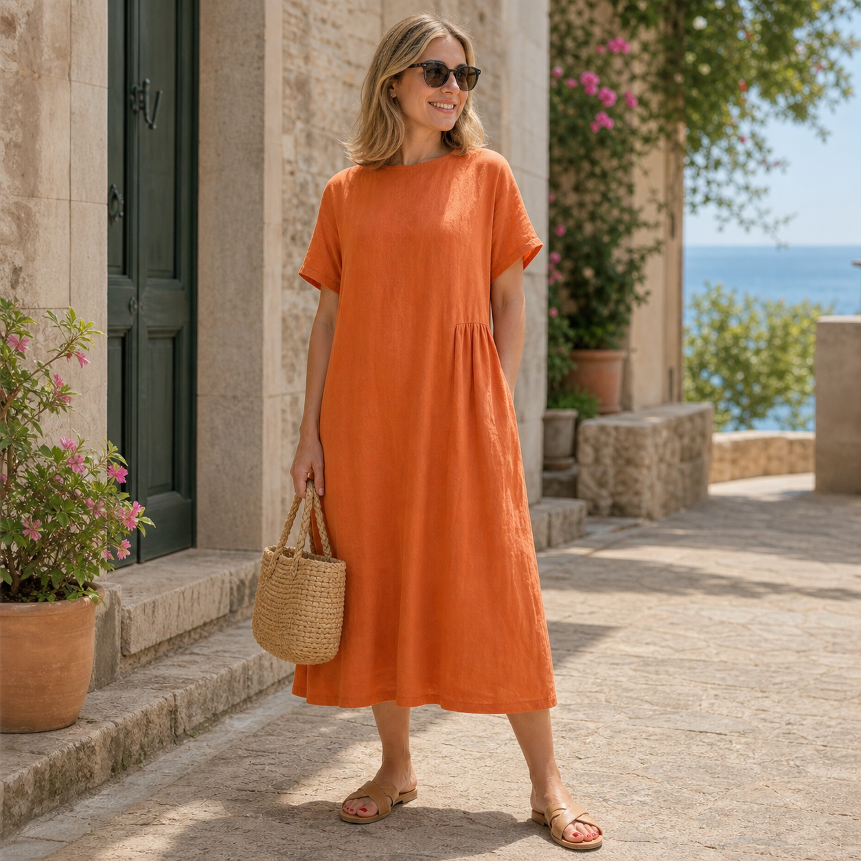 Customer review photo in an orange linen-look summer dress