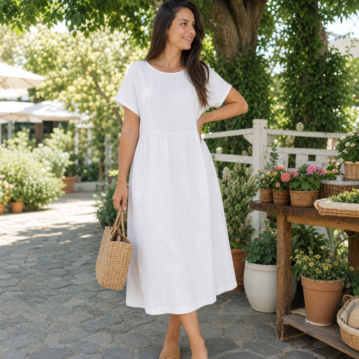 Customer review photo in a white linen-look summer dress