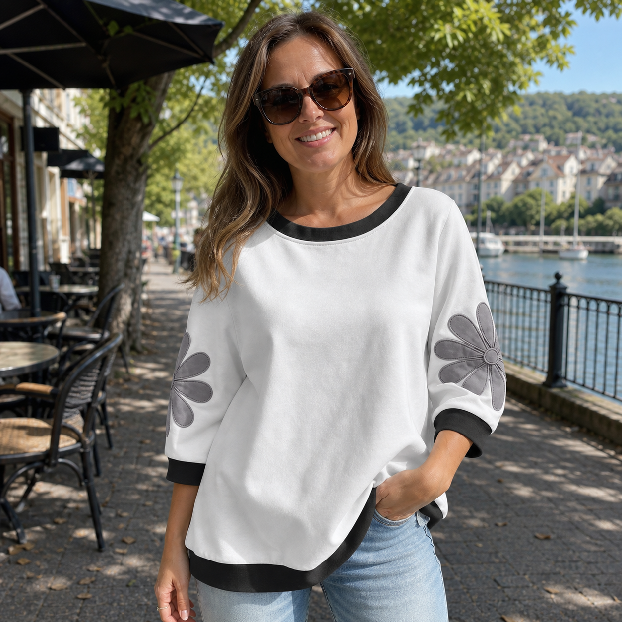 Customer review photo in the white floral applique top