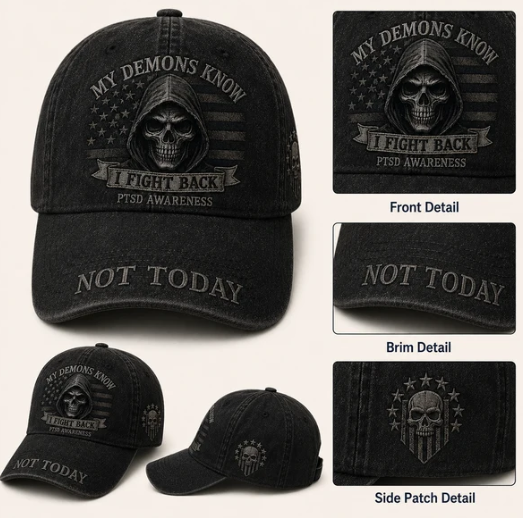 🖤 My Demons Know, I Fight Back – PTSD Awareness Vintage Dad Hat