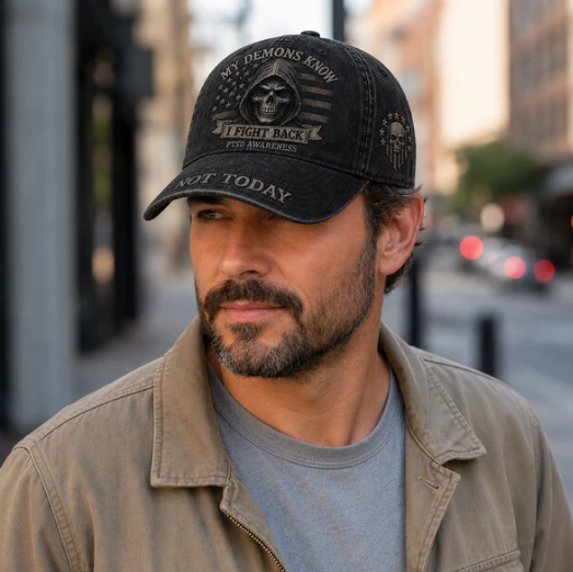 🖤 My Demons Know, I Fight Back – PTSD Awareness Vintage Dad Hat