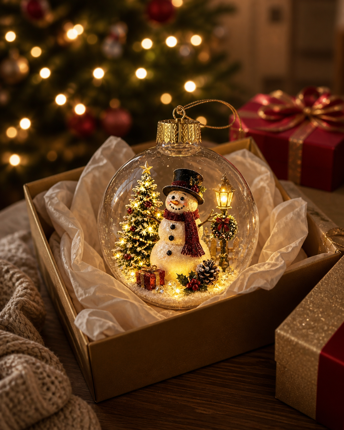 Glowing story ornament in a Christmas gift box