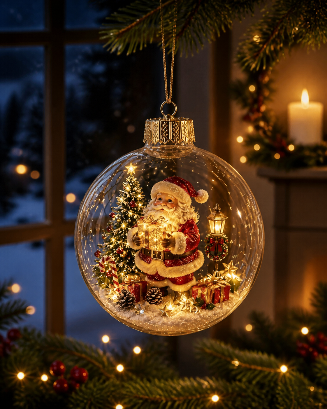 Glowing Christmas story ornament in a warm holiday window