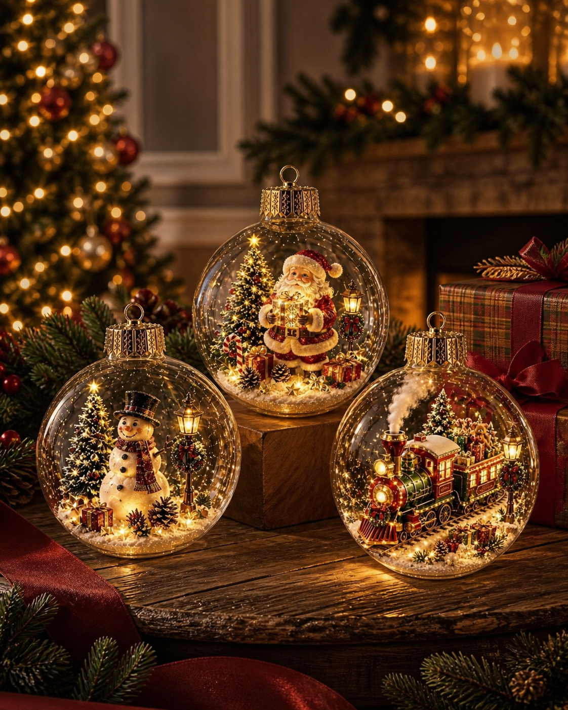 Light-up story ornaments on a mantel display