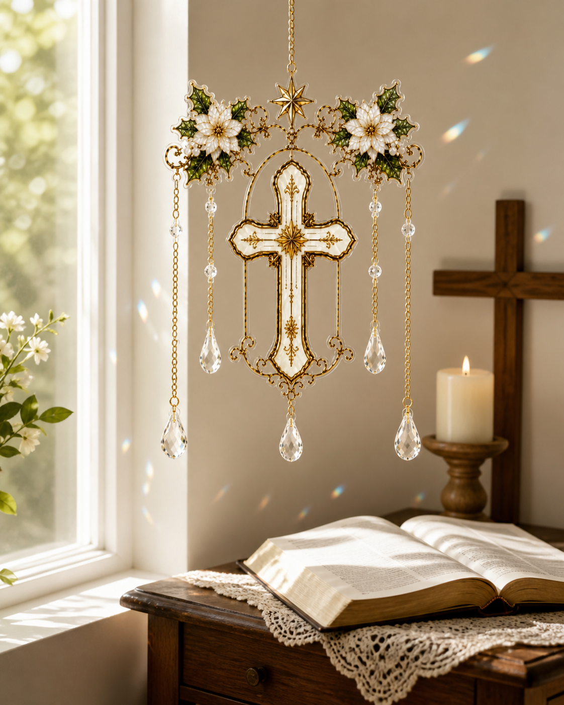 Angel cross suncatcher near prayer corner