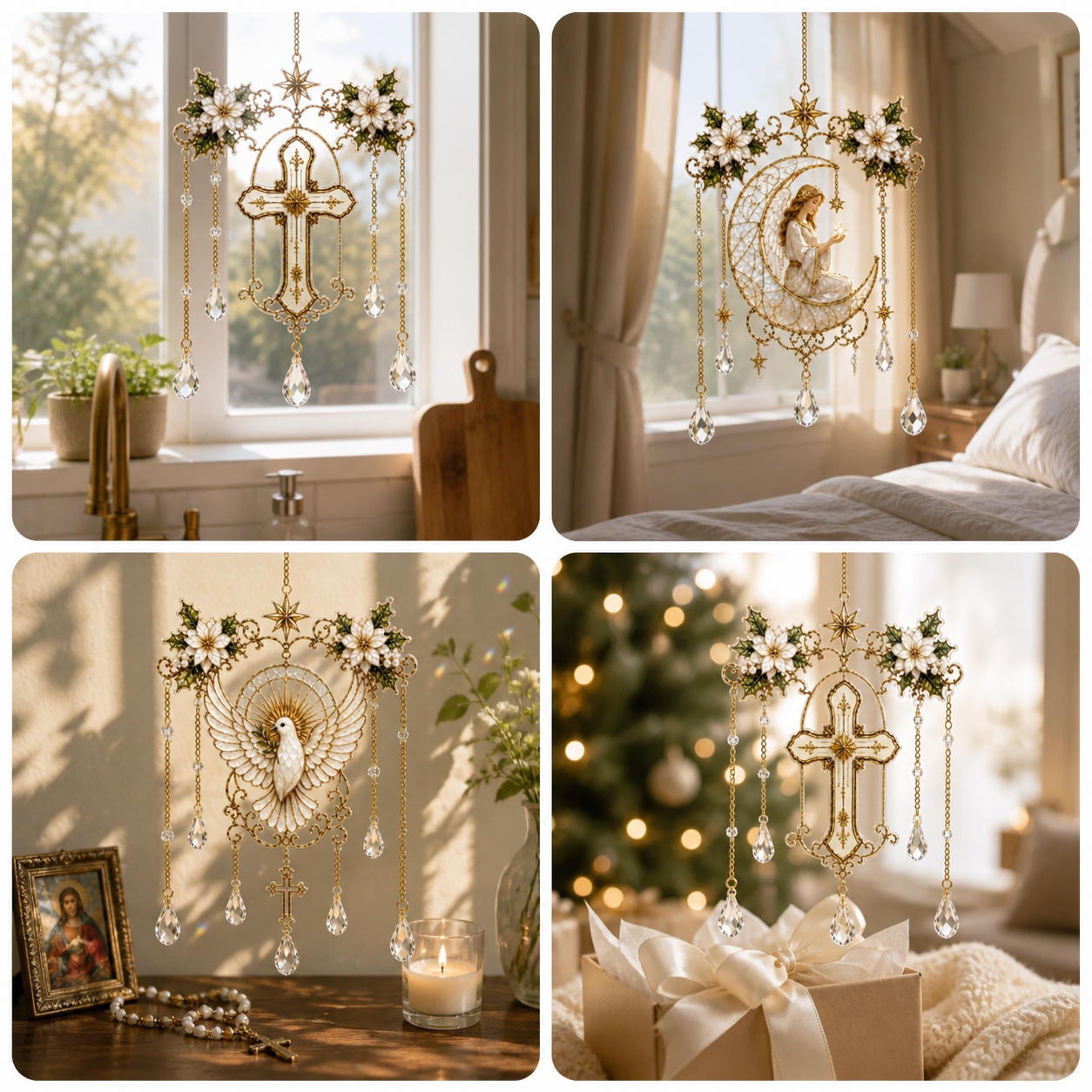 Customer-style photos of the angel and cross suncatcher in different rooms