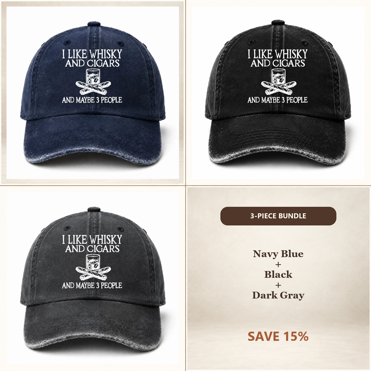 🥃 I Like Whisky, Cigars & Maybe 3 People Vintage Washed Cap 🚬