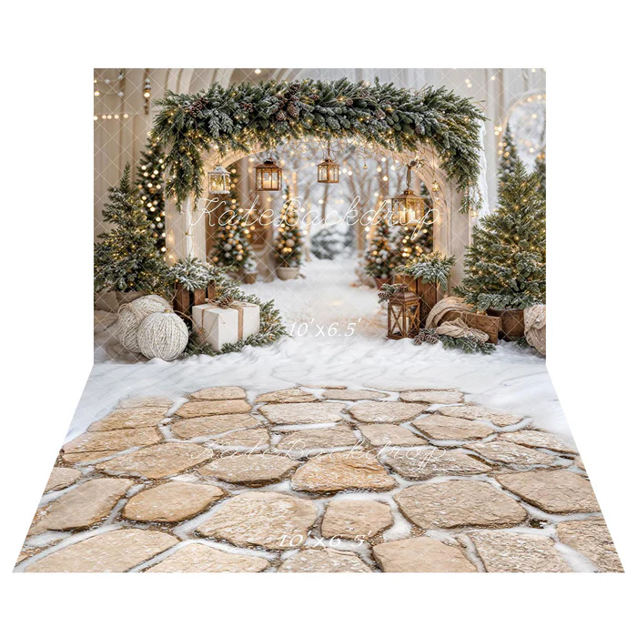 Kate Atelier Christmas Arch Garland Snow Trees Backdrop+Winter Cobblestone Snow Floor Backdrop