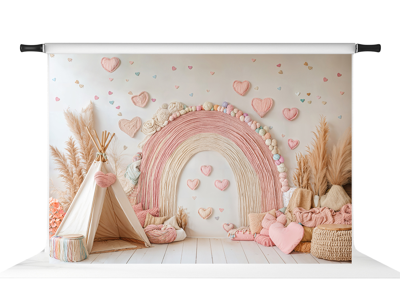 Kate Atelier Boho Rainbow Tent Hearts Pink Backdrop