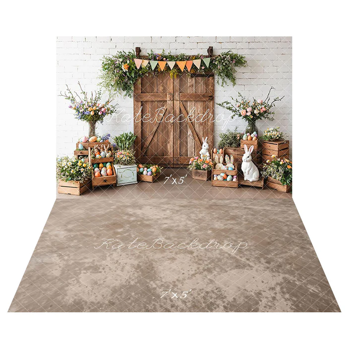 Kate Atelier Easter Barn Door Bunny Floral Backdrop+Abstract Light Brown Beige Floor Backdrop