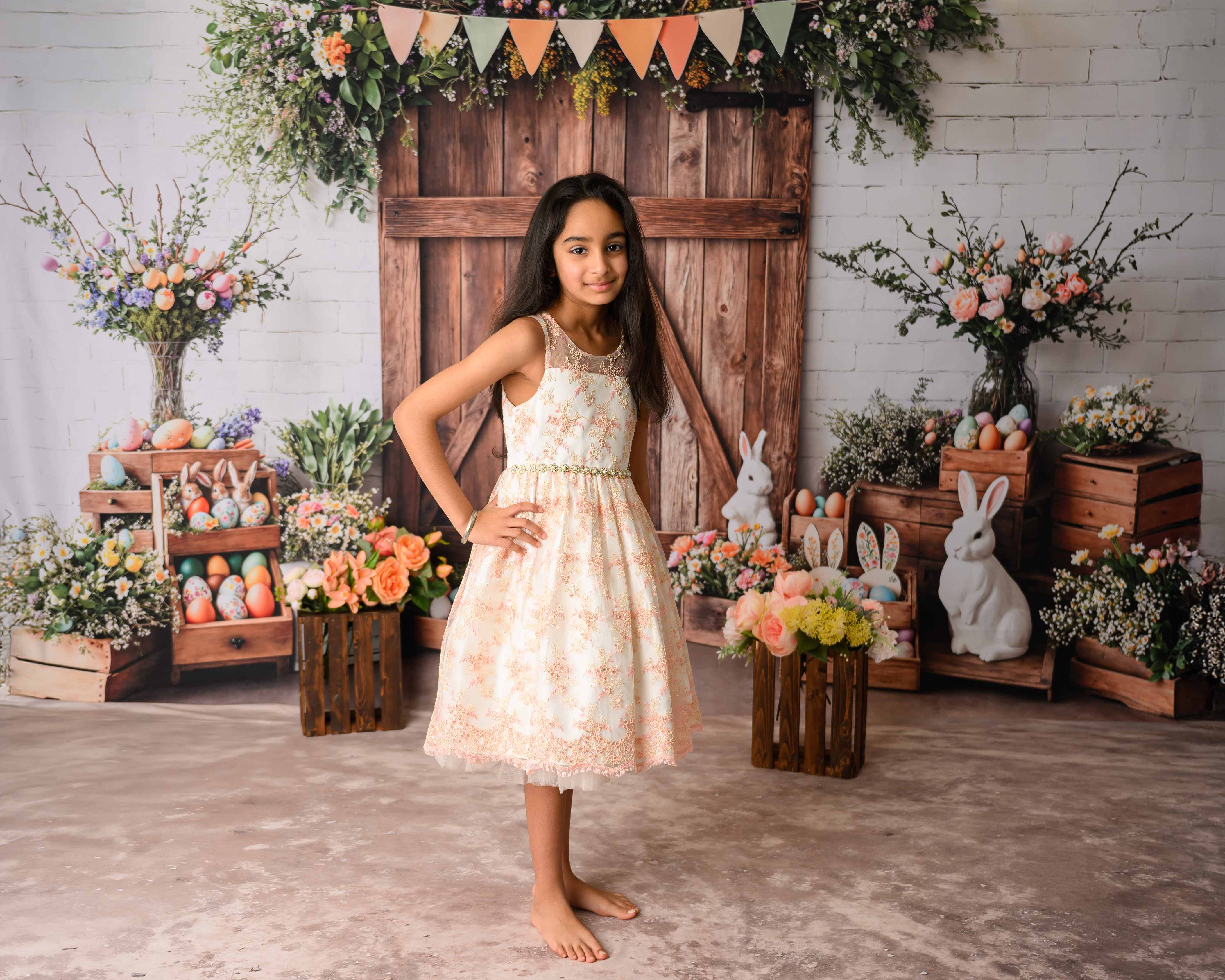 Kate Atelier Easter Barn Door Bunny Floral Backdrop+Abstract Light Brown Beige Floor Backdrop