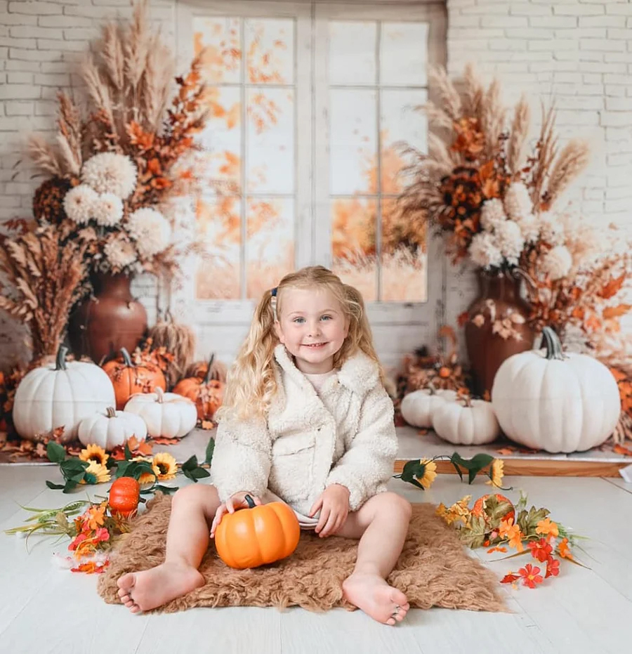 Kate Atelier Fall Cozy Pumpkin Floral Window Printed Backdrop