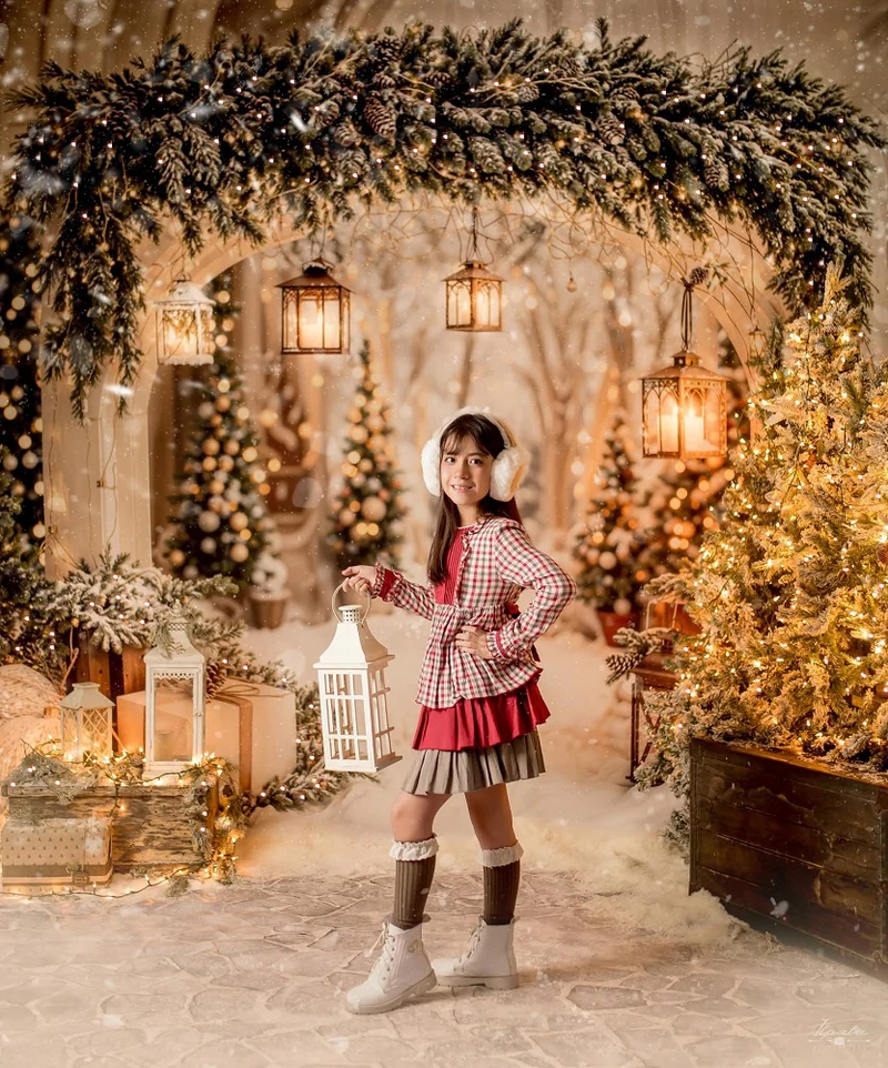Kate Atelier Christmas Arch Garland Snow Trees Backdrop+Winter Cobblestone Snow Floor Backdrop