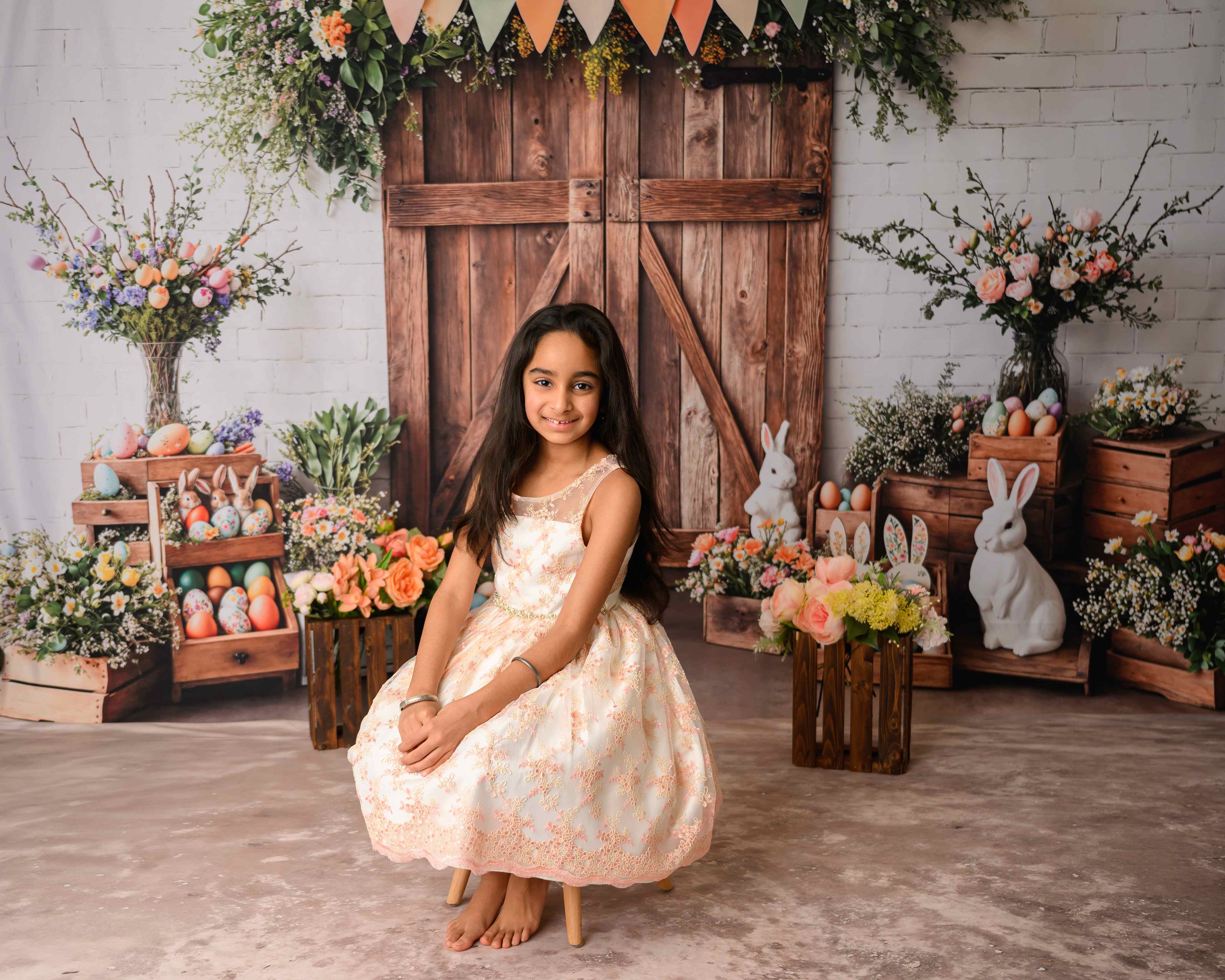 Kate Atelier Easter Barn Door Bunny Floral Backdrop+Abstract Light Brown Beige Floor Backdrop