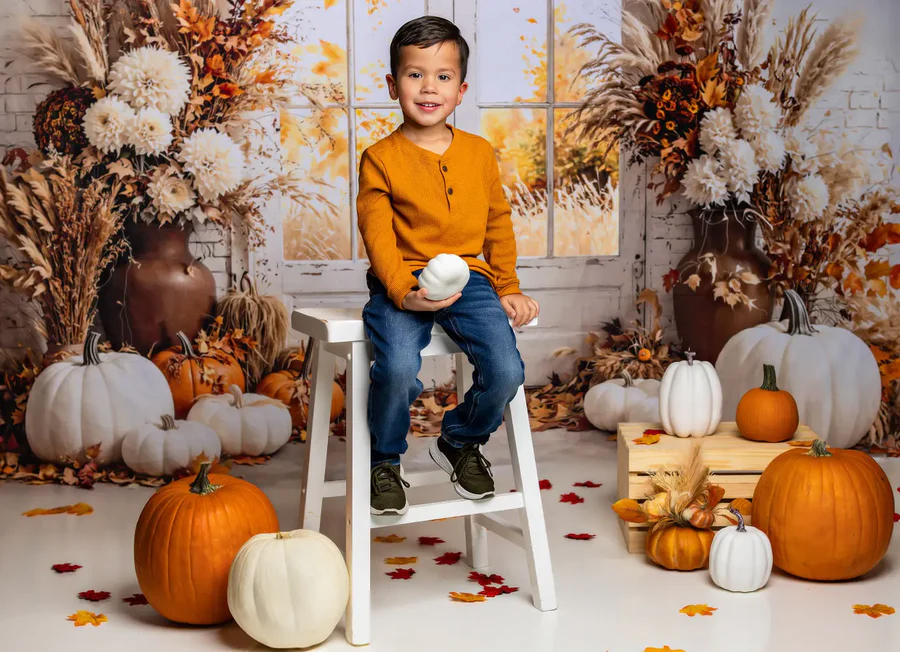 Kate Atelier Fall Cozy Pumpkin Floral Window Printed Backdrop
