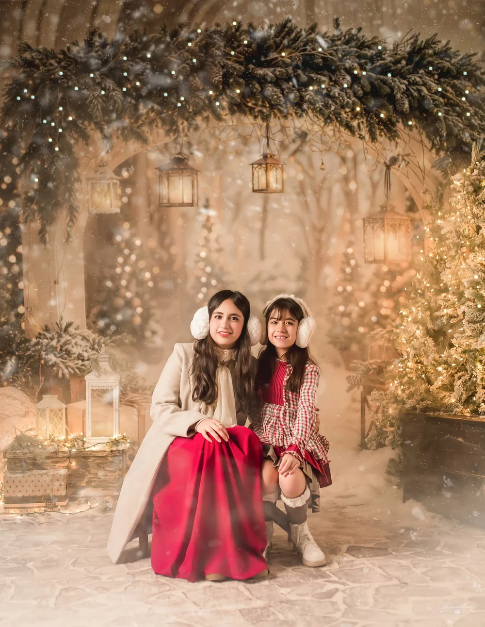 Kate Atelier Christmas Arch Garland Snow Trees Backdrop+Winter Cobblestone Snow Floor Backdrop